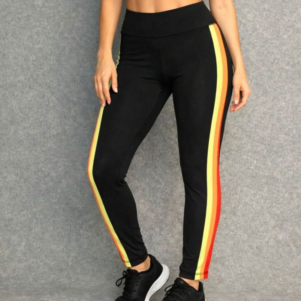 Avia Black Athletic Leggings Neon Stripe Yoga Running Pants Women’s M